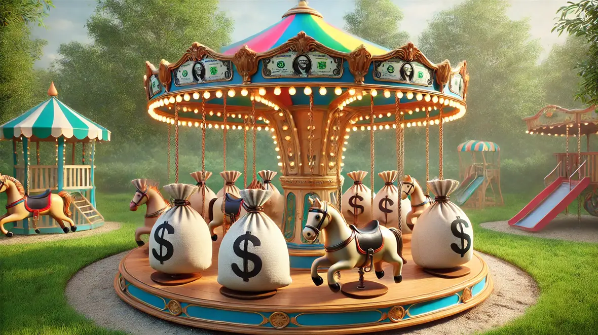 A merry-go-round demonstrating how money circulates in slot machines