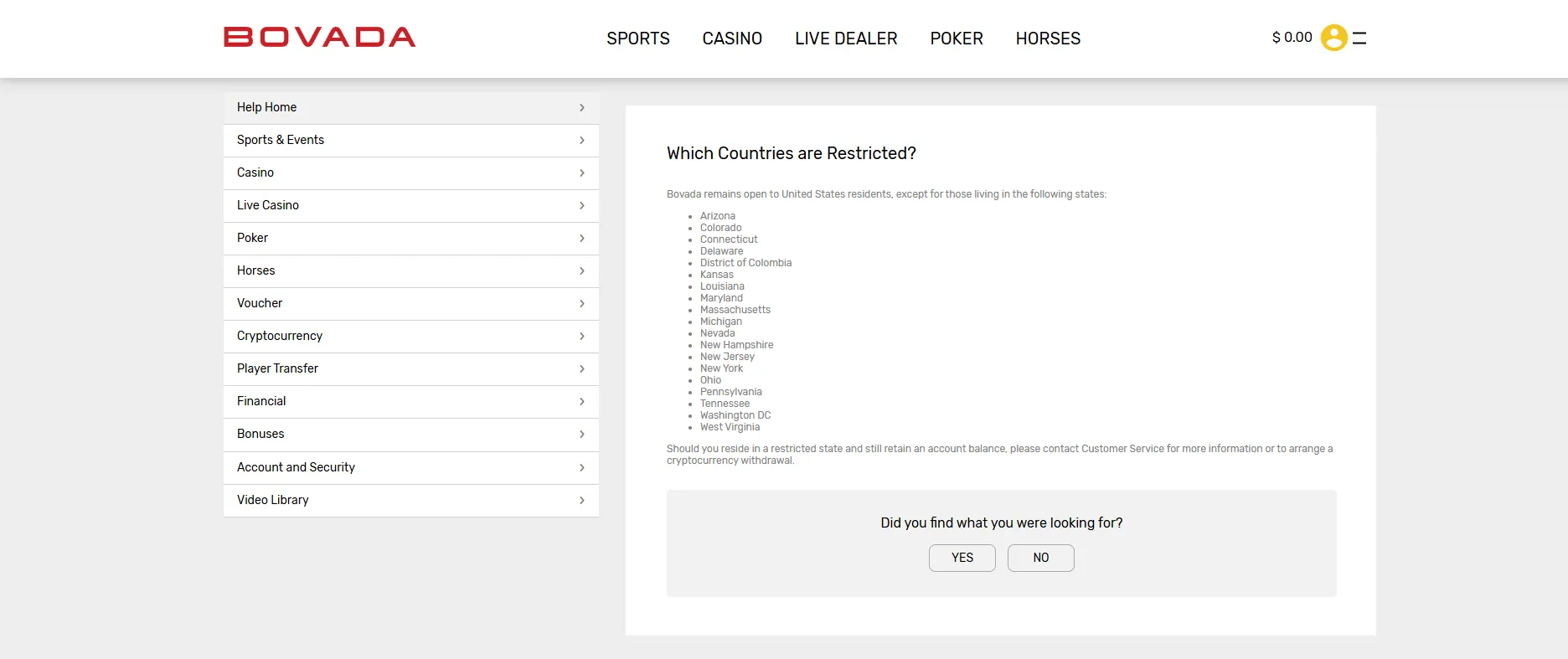 Screenshot of BOVADA restricted states