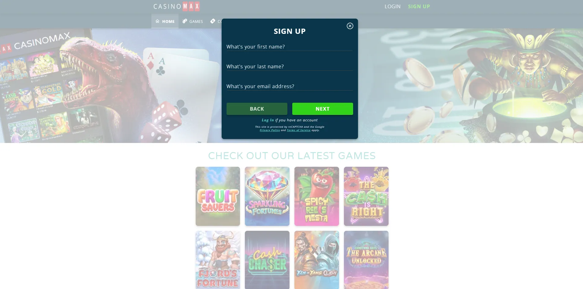Casinomax account creation Screenshot of Casinomax sign up page