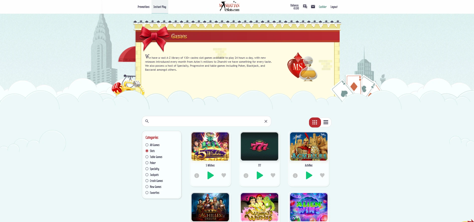 Start Playing Games at Manhattan Slots Casino A screenshot of the game selection at Manhattan Slots