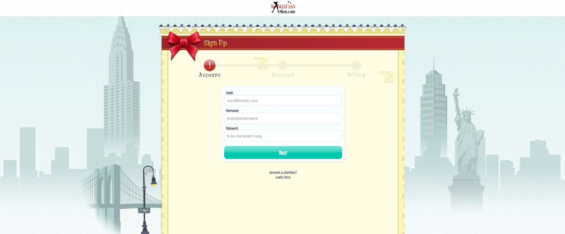 Sign up to Manhattan Slots A screenshot of the signup flow at Manhattan Slots