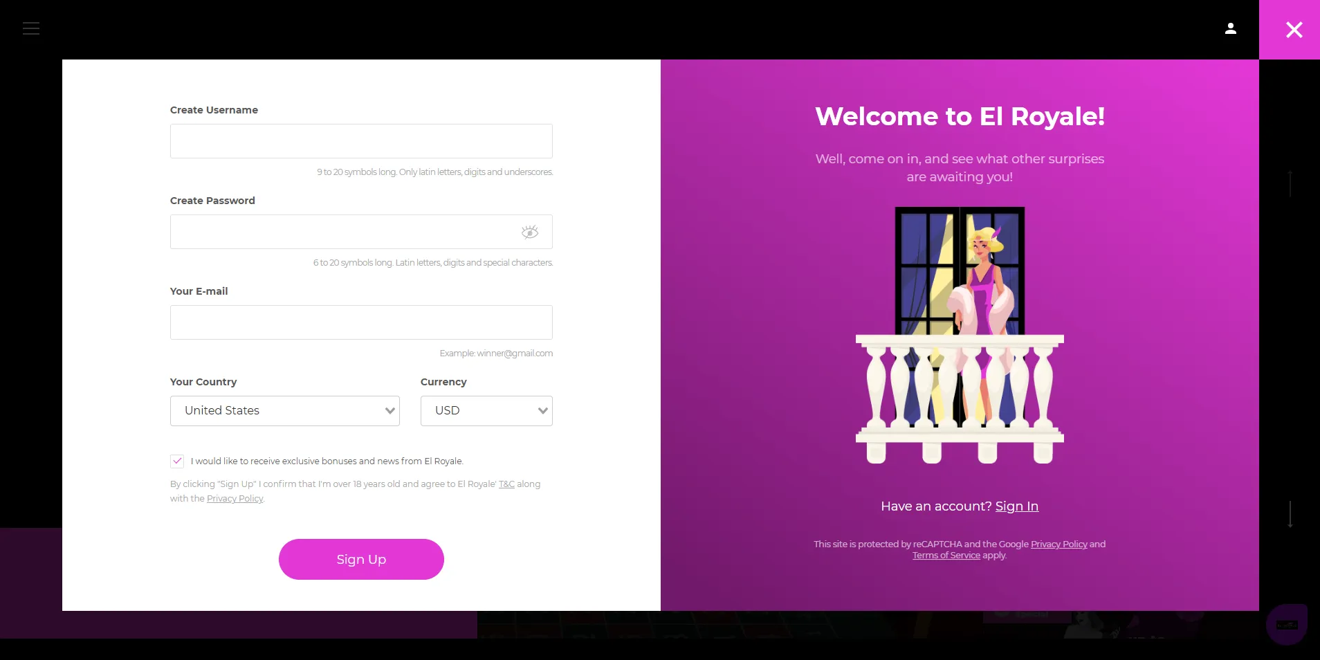 Sign Up at El Royale