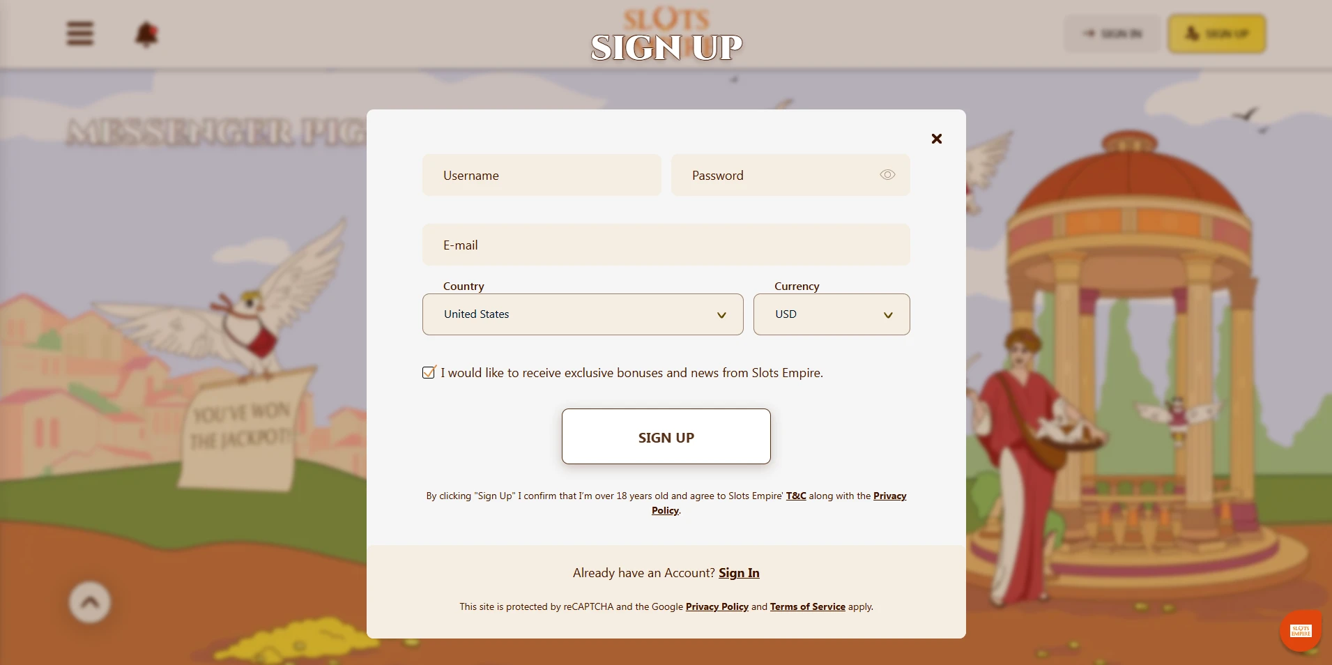 Sign Up to Slots Empire A screenshot of the sign up flow at Slots Empire