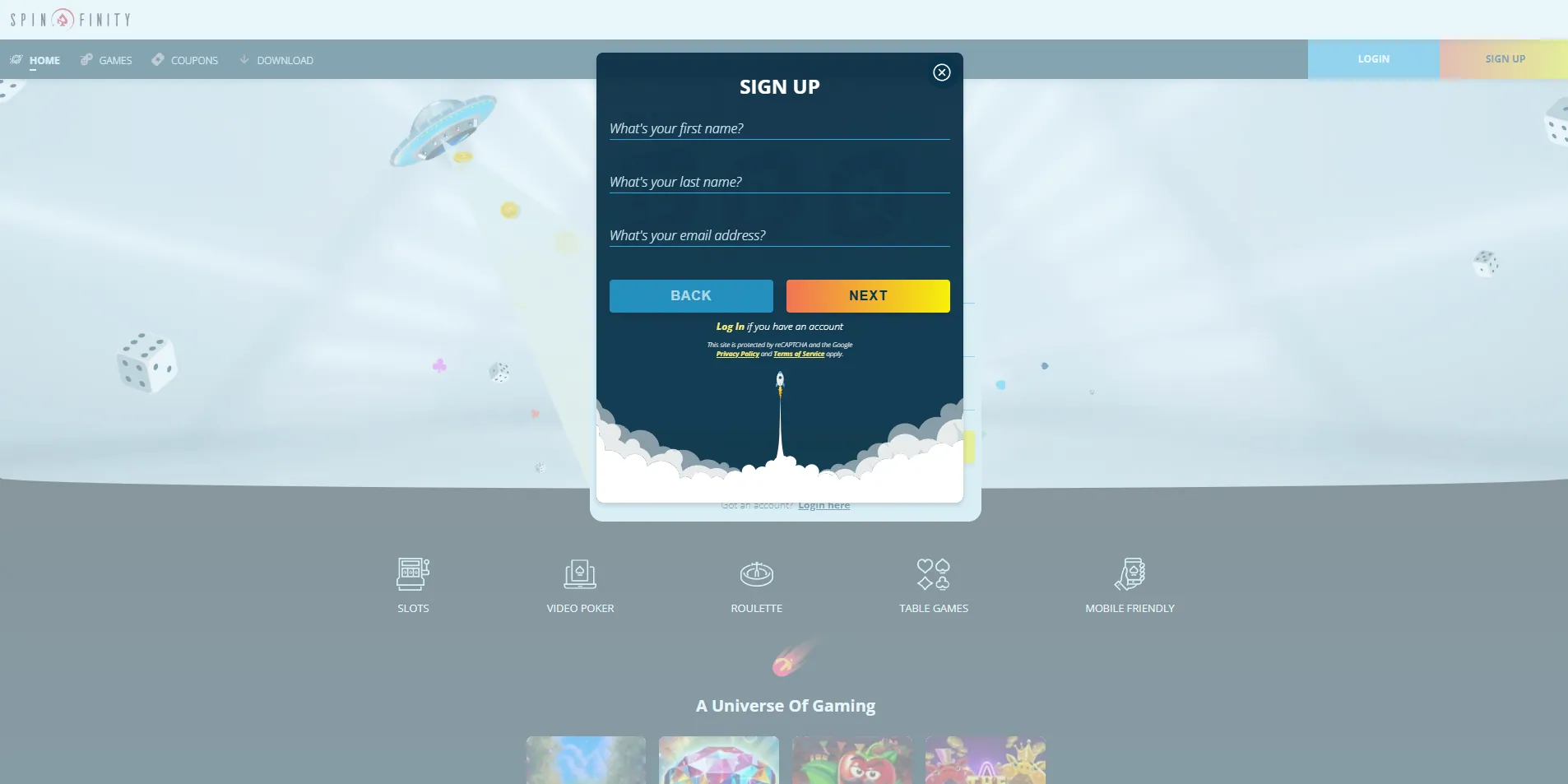 A screenshot of Spinfinity sign up button