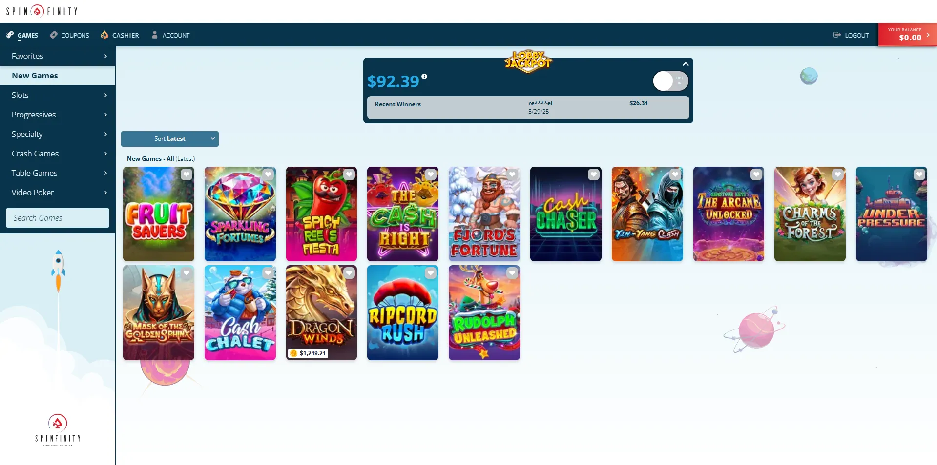 A screenshot of Spinfinity game lobby