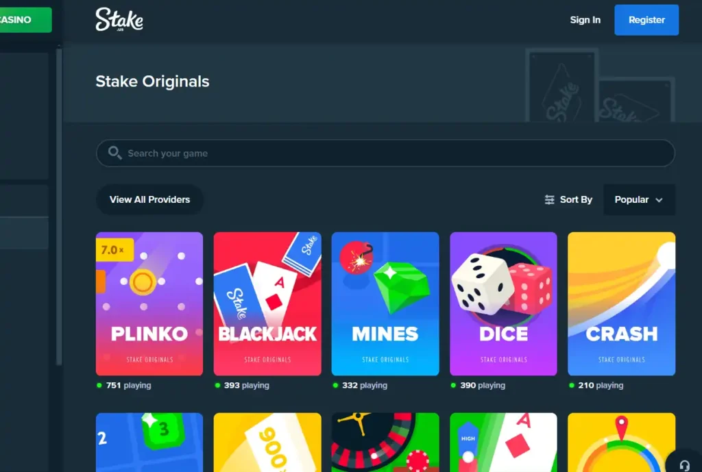 A screenshot of Stake Originals Games at Stake US