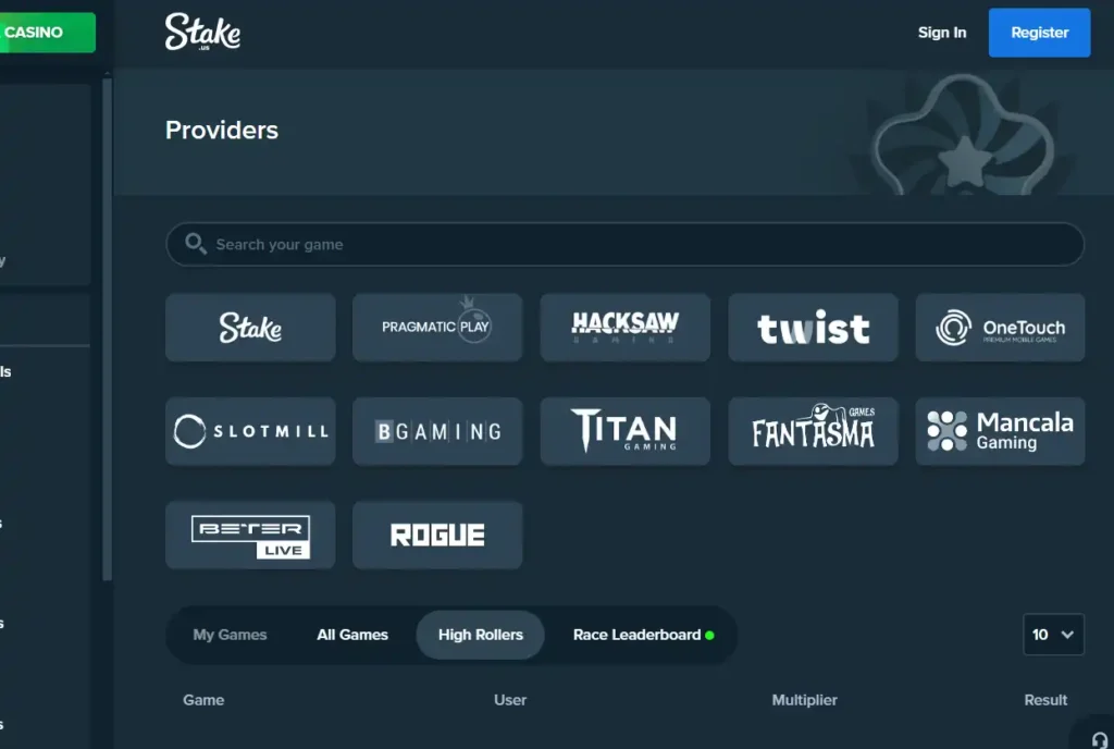 An image of the game providers featured at Stake.us