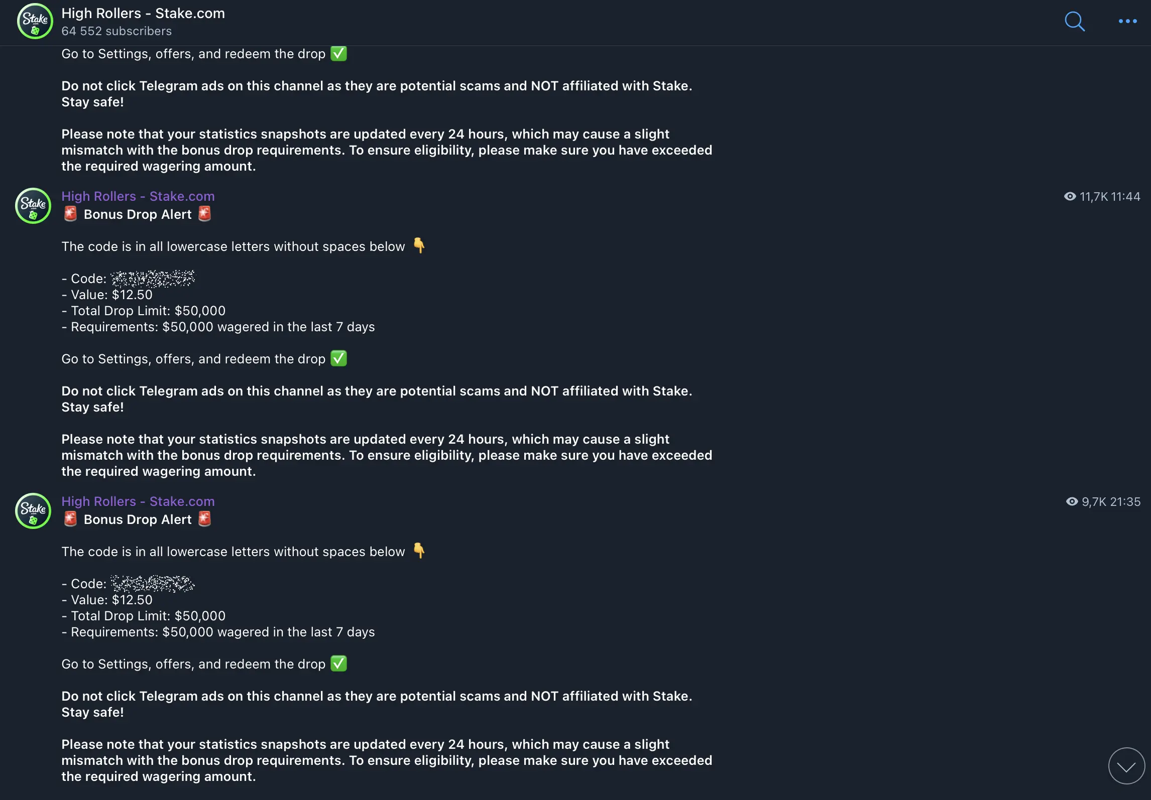 Screenshot of Stake's high roller telegram channel 