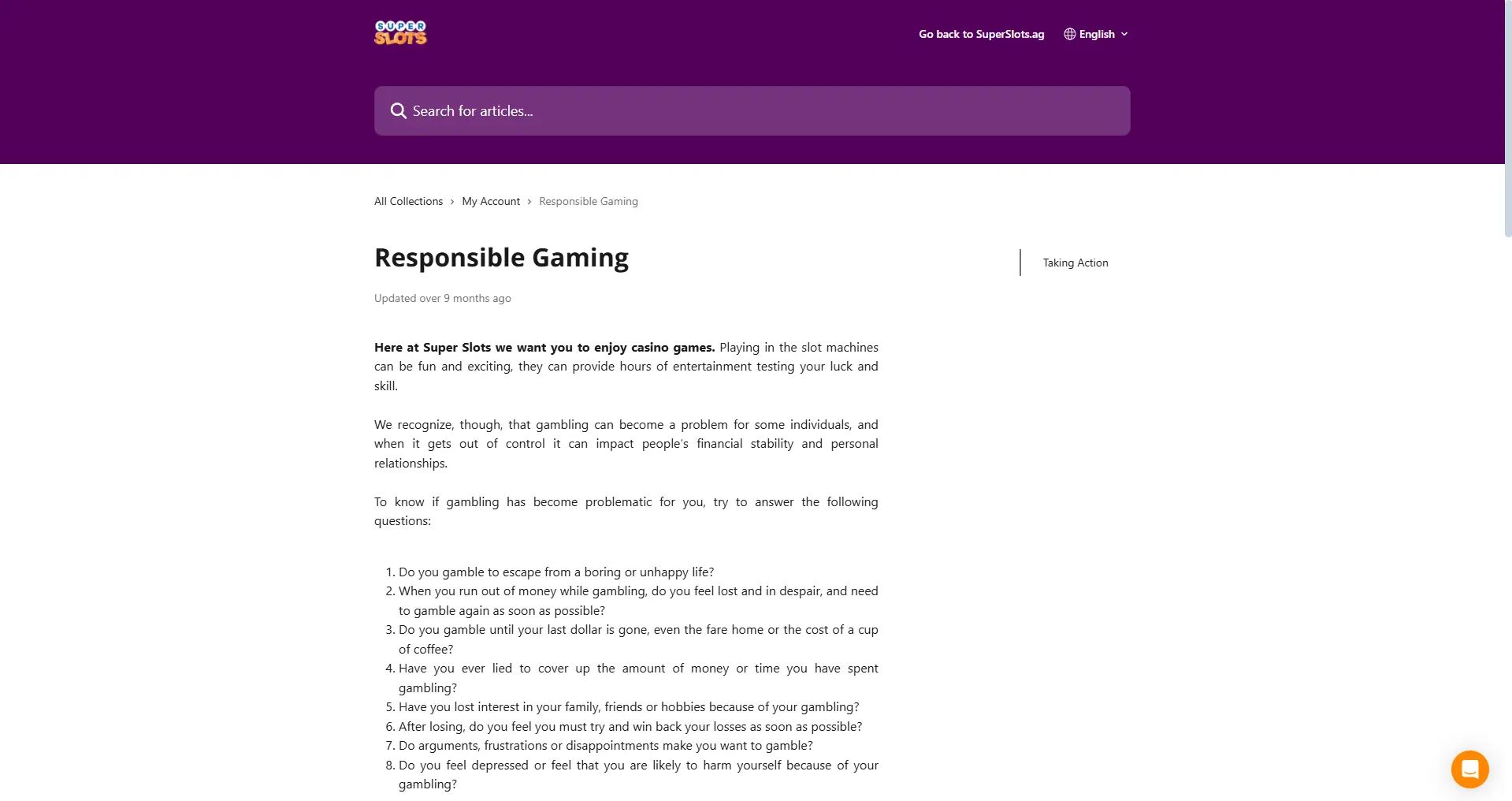 A screenshot of the responsible gambling terms at Super Slots casino