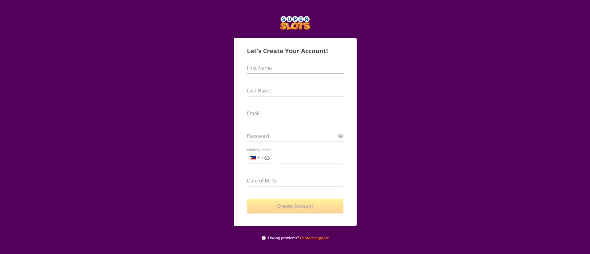 Sign up to Super Slots a screenshot of the sign up pop up at super slots casino