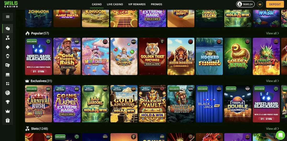 Choose a game to play A screnshot of the game selection at Wild Casino